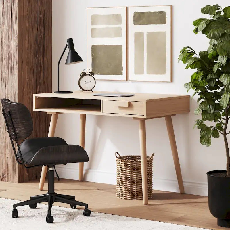 Bureau en noyer avec rangement ouvert et petits tiroirs