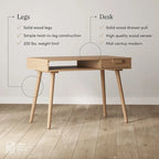 Bureau en noyer avec rangement ouvert et petits tiroirs