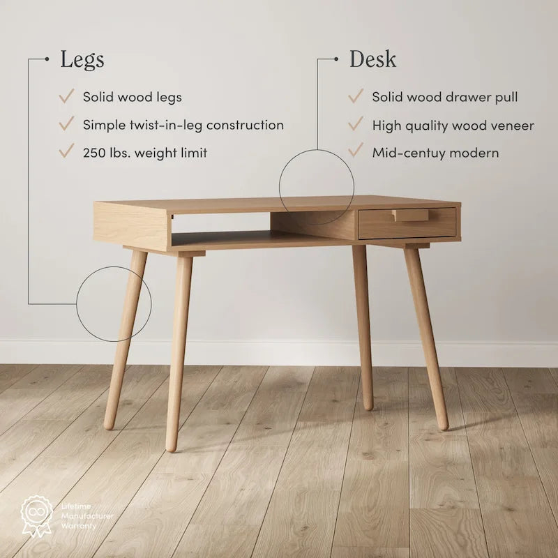 Bureau en noyer avec rangement ouvert et petits tiroirs