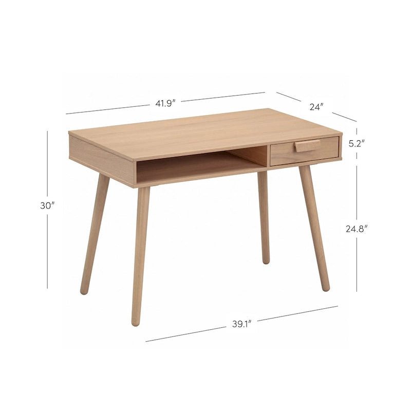 Bureau en noyer avec rangement ouvert et petits tiroirs