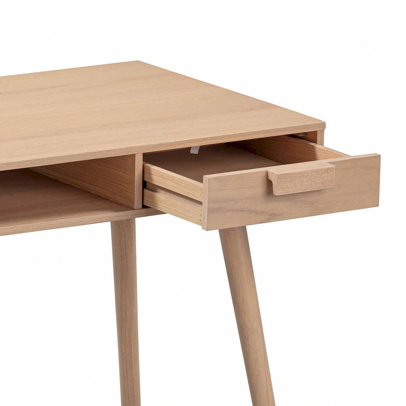 Bureau en noyer avec rangement ouvert et petits tiroirs