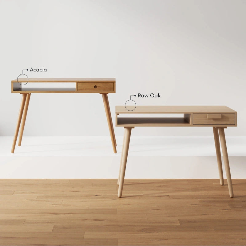 Bureau en noyer avec rangement ouvert et petits tiroirs