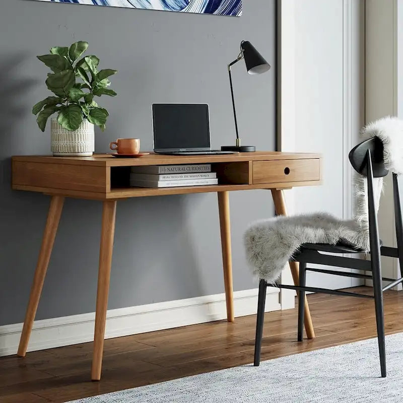 Bureau en noyer avec rangement ouvert et petits tiroirs