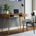 Bureau en noyer avec rangement ouvert et petits tiroirs