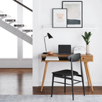 Bureau en noyer avec rangement ouvert et petits tiroirs