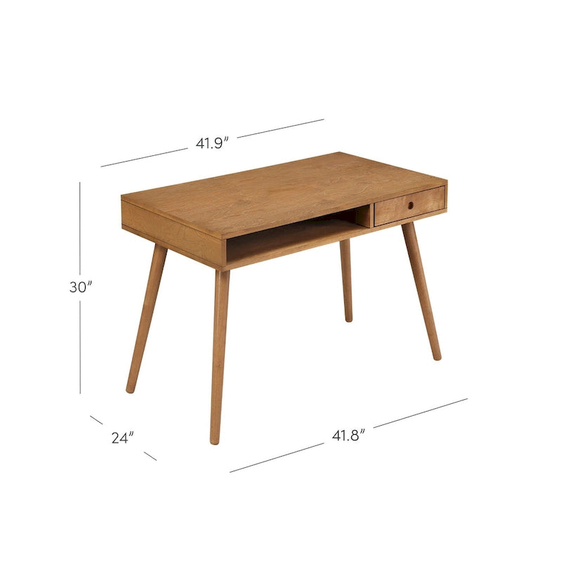Bureau en noyer avec rangement ouvert et petits tiroirs