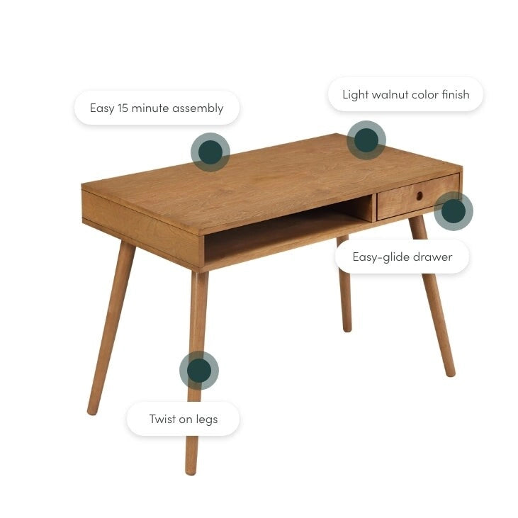 Bureau en noyer avec rangement ouvert et petits tiroirs