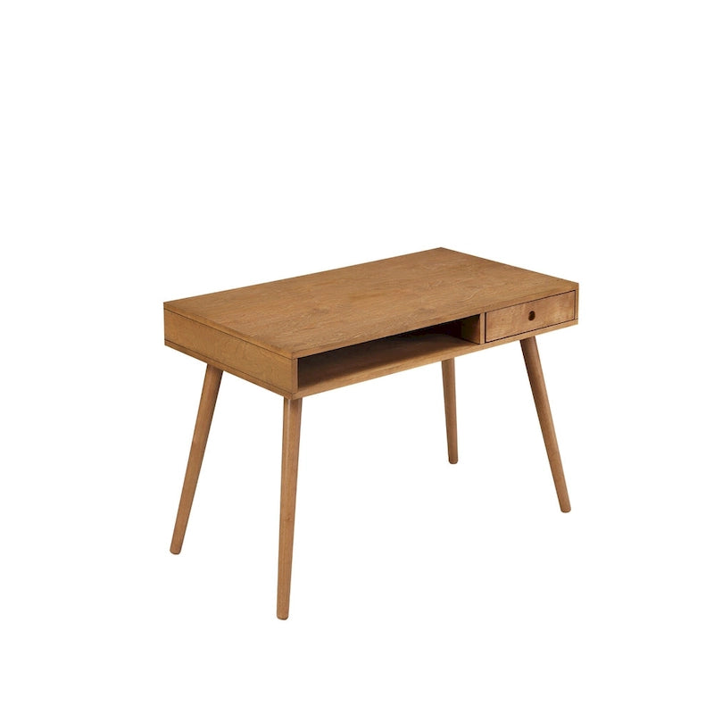 Bureau en noyer avec rangement ouvert et petits tiroirs