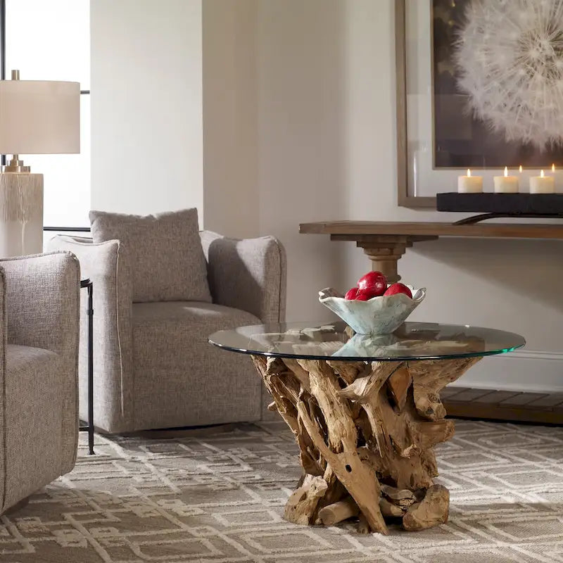 Table basse de cocktail avec plateau en verre naturel