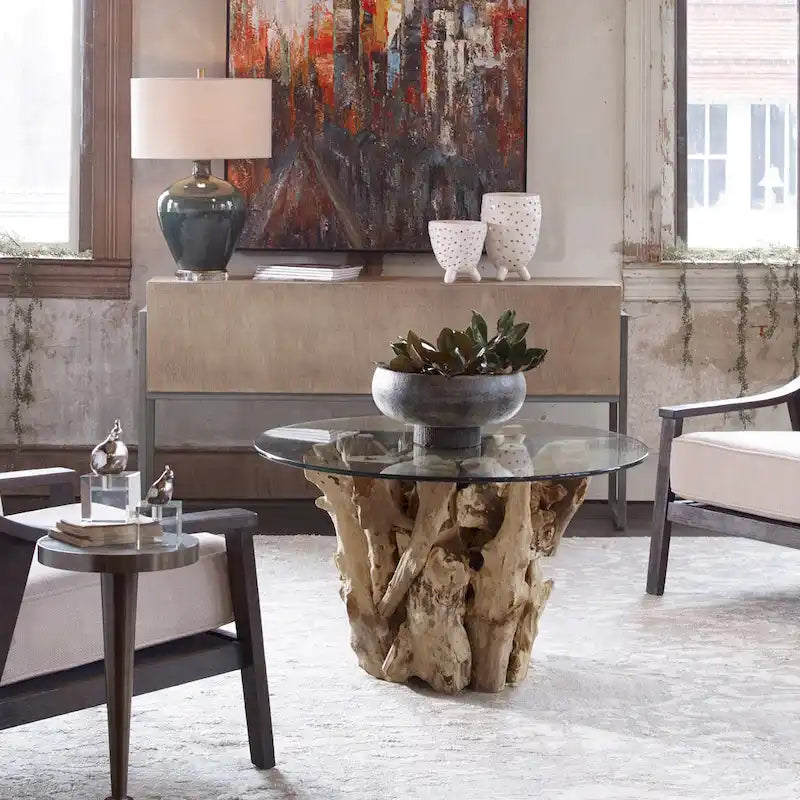Table basse de cocktail avec plateau en verre naturel
