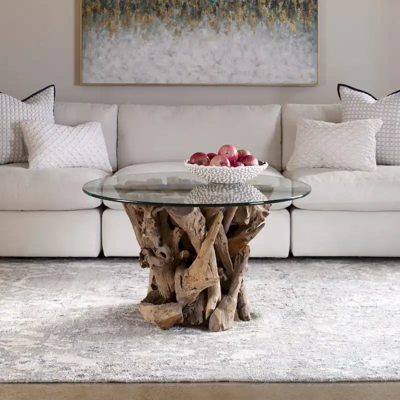 Table basse de cocktail avec plateau en verre naturel