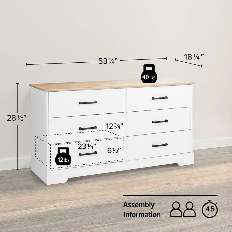 Commode de ferme Prepac Rustic Ridge, commode de chambre en bois avec 6 tiroirs de rangement