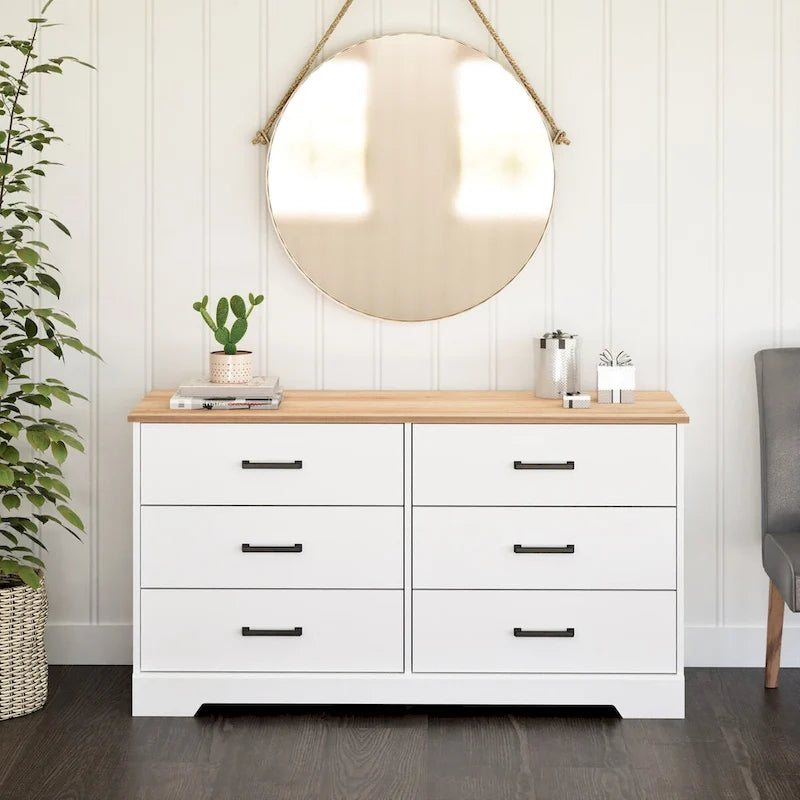 Commode de ferme Prepac Rustic Ridge, commode de chambre en bois avec 6 tiroirs de rangement