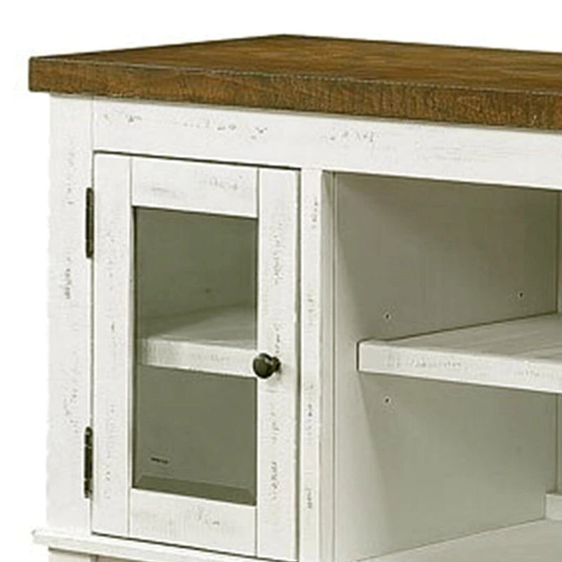 Buffet en bois de 60 pouces avec portes doubles en verre, blanc vieilli et gris