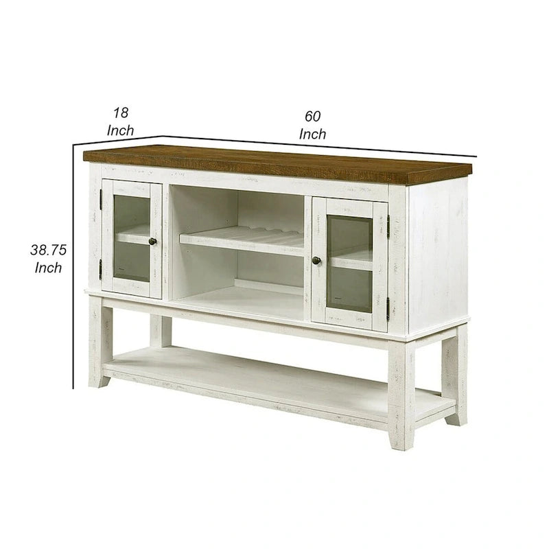 Buffet en bois de 60 pouces avec portes doubles en verre, blanc vieilli et gris